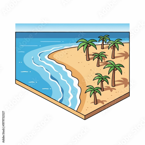 A serene beach scene with palm trees.