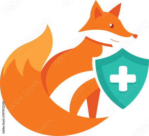 Clever orange fox mascot with medical shield vector graphic design