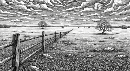 Fence in a rural landscape scene.