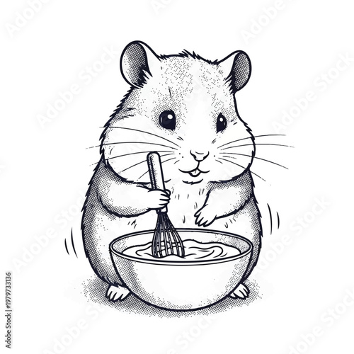 Cute hamster holding whisk in bowl.