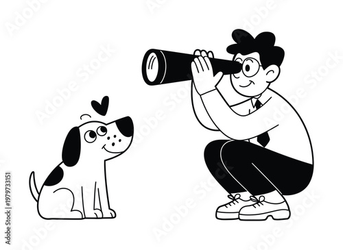 Man with Telescope Looks at Happy Dog with Heart Above Head