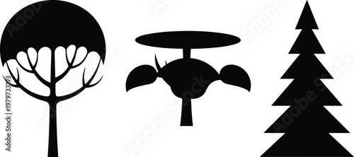 Minimalist tree silhouettes set featuring a deciduous tree, abstract plant, and evergreen pine isolated on white background for simple nature logo and landscape vector designs.