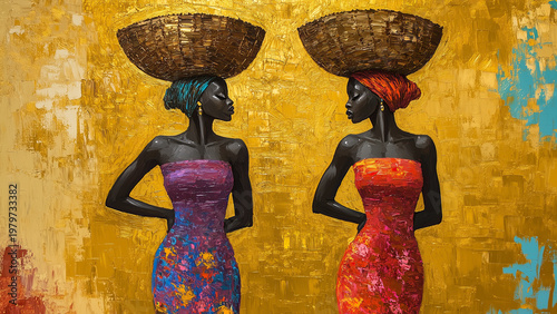 African women carrying baskets traditional culture oil painting textured digital artwork.