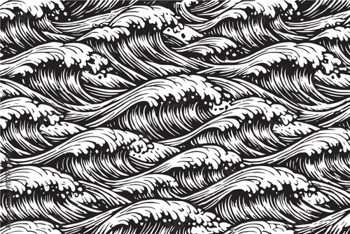 A simple vector background pattern featuring many ocean waves, arranged in a repeating textile style with smooth curves and flowing lines, creating a natural and calming design.