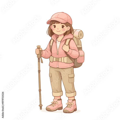 A vector illustration of a young woman going camping, carrying a backpack and a walking stick, capturing a sense of adventure, freedom, and exploration in a clean style.