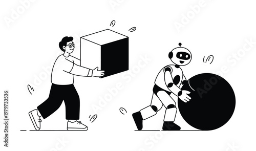 Person carrying a cube meets a robot pushing a sphere