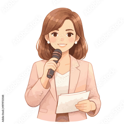 A vector illustration of a professional female MC holding a microphone, featuring confident posture and elegant attire, capturing the lively atmosphere of an event presentation.
