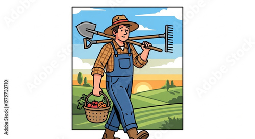 Man in overalls holding vegetables basket.
