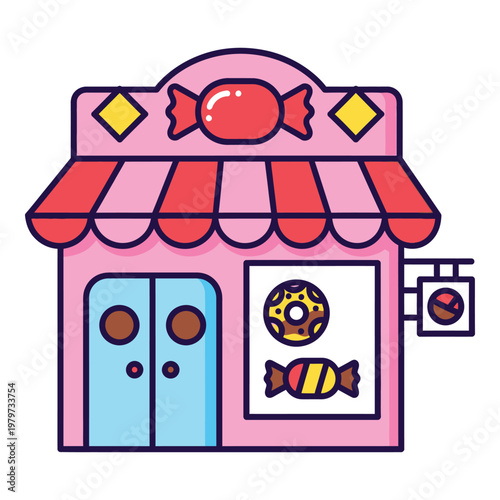Colorful cartoon candy store illustration with pink facade and red awning icon