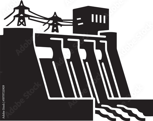 Vector illustration of a hydroelectric dam with power lines and gates on transparent background
