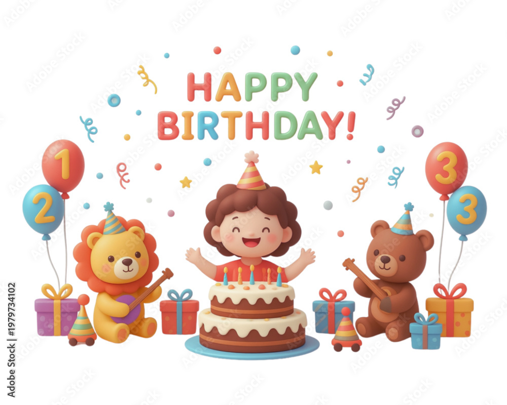 Fototapeta premium A fun vector illustration set featuring a cute cartoon baby teddy bear and dog celebrating a kids' birthday party with a festive cake, colorful gifts, and a happy holiday card design