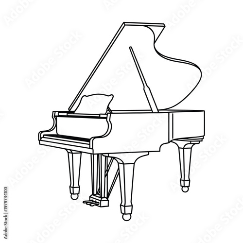 A detailed line art illustration of a classic grand piano with its lid open and music stand visible, showcasing its elegant form.