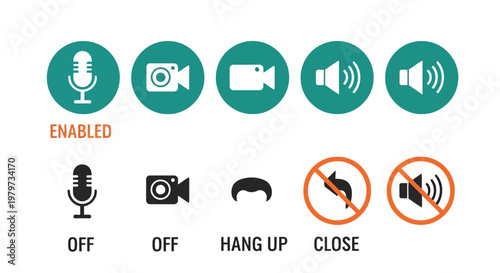 Communication icons for enabled and disabled microphone, camera, video call, and speaker on white background for web design