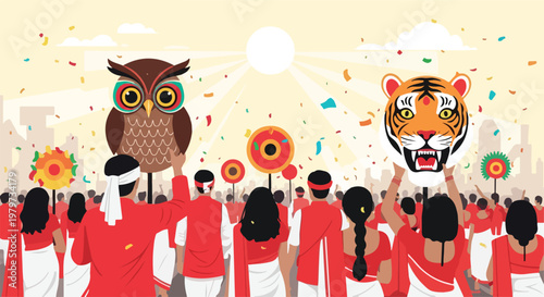 A vibrant illustration of a festive crowd celebrating with large owl and tiger masks, confetti, and traditional motifs under a bright sun.