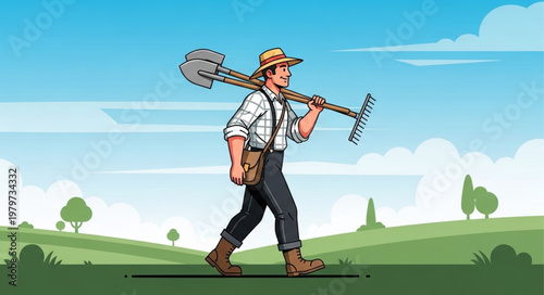 Man walking with garden rake tool.