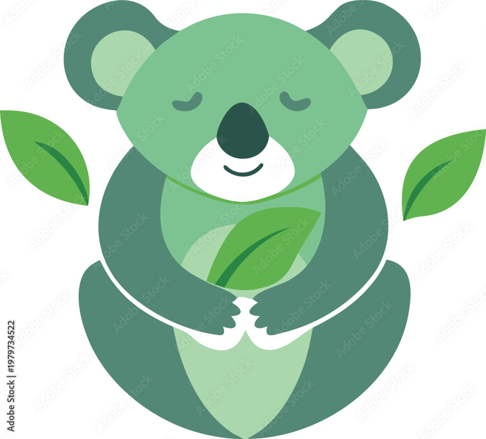 Fototapeta premium A cute cartoon koala bear with closed eyes holds green eucalyptus leaves in its paws. Vector, illustration