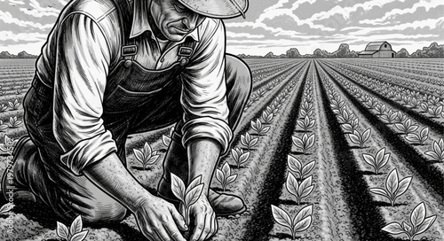 Man kneeling in farm field planting.