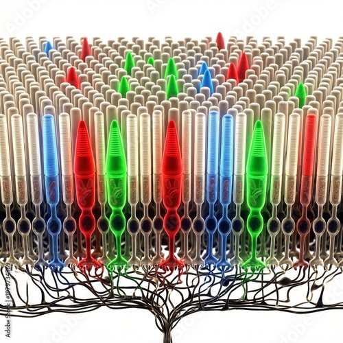 Detailed 3D Render of Human Retina Photoreceptors Showing Rods and Cones for Vision, in Red, Green, and Blue, on a White Background