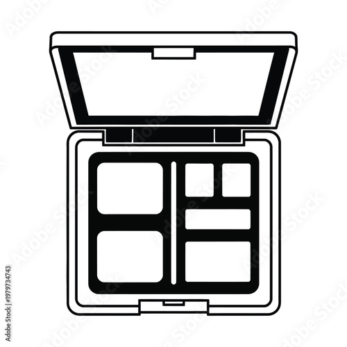 Line art illustration of an open cosmetic makeup palette with multiple empty compartments for various beauty products.