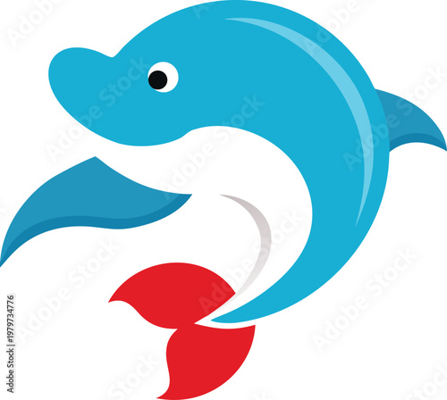 A playful, stylized cartoon dolphin with a bright blue body and a distinct red tail fin. Vector, illustration