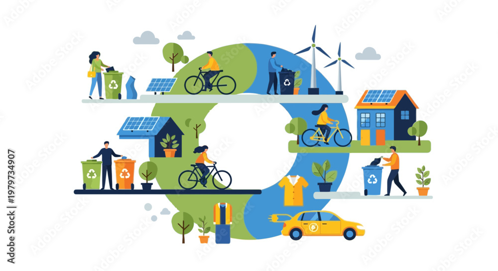 Naklejka premium Circular Economy and Sustainable Lifestyle Vector Illustration with Recycling, Renewable Energy and Eco Transport