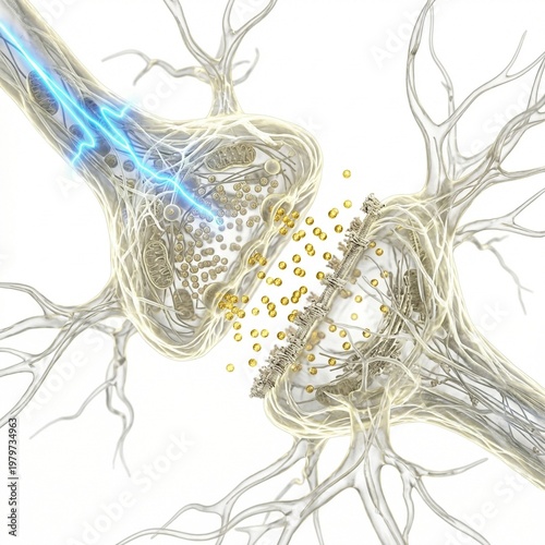 Detailed 3D Render of a Synapse with Neurotransmitters and Electrical Impulse flowing between Neurons