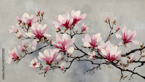 Pink magnolia flower blossoms branch spring oil painting textured digital artwork.
