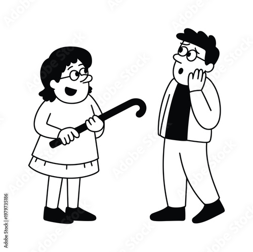 Woman Presents Cane to Surprised Man in Minimalist