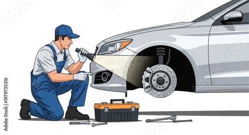Mechanic Inspecting Car Brakes with Flashlight and Tools.