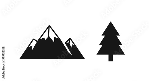 Mountain and tree black silhouettes.