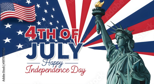 Vibrant 4th of July Celebration Background with Statue of Liberty and American Flag.