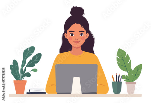 Young woman sitting at desk and working on laptop. Flat vector illustration with office plants, books and pencils. Freelance, remote work and education concept isolated on white background decor.