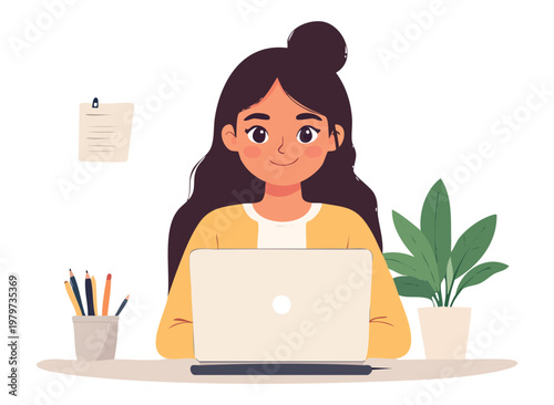 Young woman sitting at desk and working on laptop. Flat vector illustration with office plants, books and pencils. Freelance, remote work and education concept isolated on white background decor.