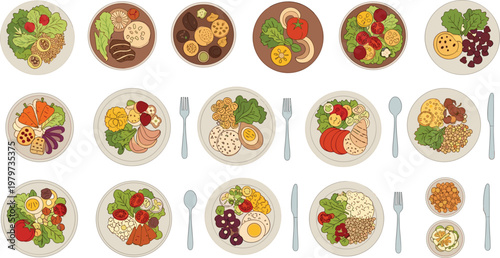 Healthy Plated Meals Vector Set Featuring Fresh Salads Grains Vegetables And Proteins For Nutrition Blogs Restaurant Menus And Wellness Lifestyle Graphic Designs