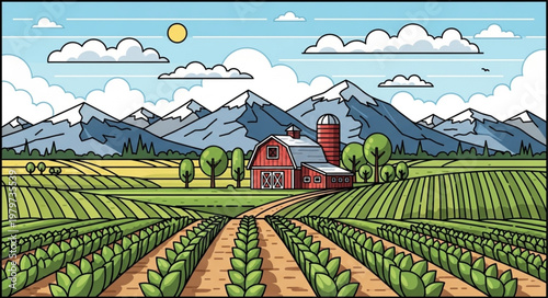 Red Barn in Farm Field Landscape.