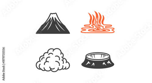 Volcano with lava and smoke icons.