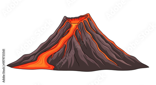 Erupting volcano with lava flows.