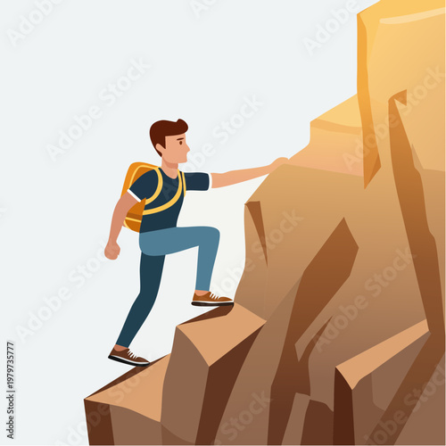 Man bravely ascends rocky mountain peak, symbolizing overcoming challenges and achieving personal goals