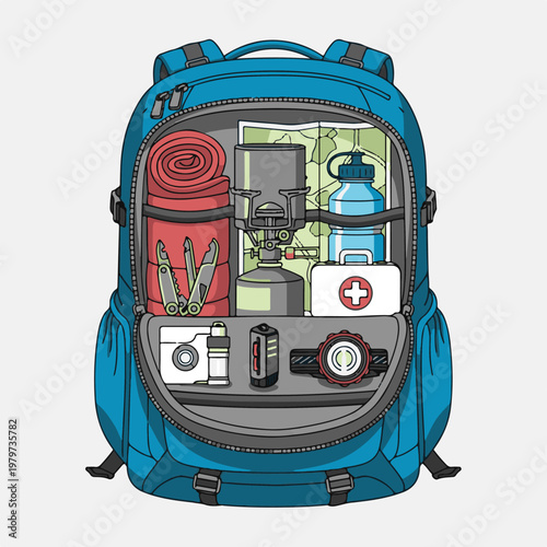 Detailed vector illustration of an open blue hiking backpack revealing essential outdoor camping and travel gear.