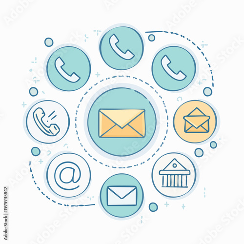 Communication methods icons arranged in a circle around central envelope.