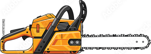 Professional yellow gasoline chainsaw vector illustration isolated on white background for forestry industry, woodcutting equipment, timber harvesting, and industrial gardening power tool design.