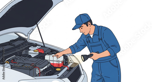 Mechanic Inspecting Car Engine Under Hood With Flashlight.