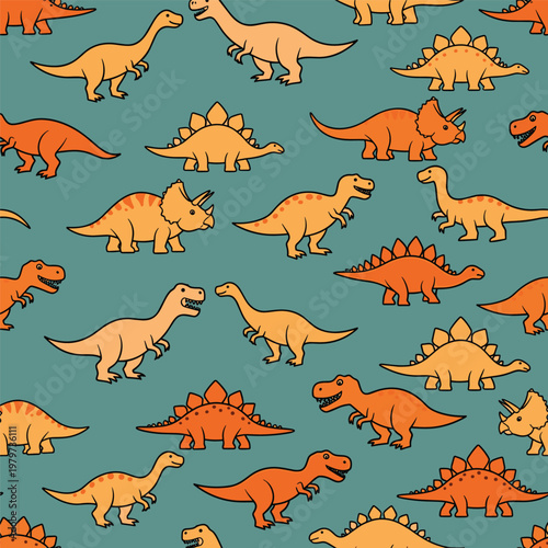 Colorful cartoon dinosaurs in various poses.