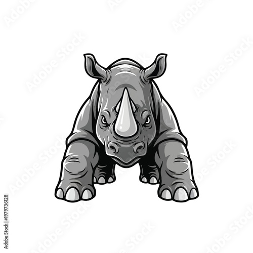 Gray Rhinoceros Looking Straight Ahead Slowly.