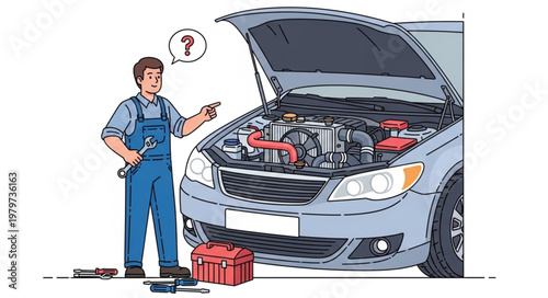 Mechanic Inspecting Car Engine Under Hood With Tools.