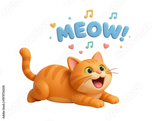 A cute orange cartoon kitten character plays with a small fish in this fun designed for a domestic pet themed greeting card