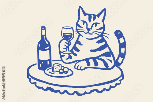Cat with wine glass naive doodle vector illustration