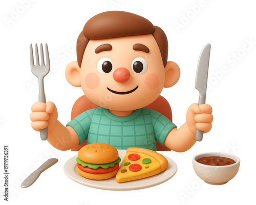 Young man eating a sandwich at a restaurant table with a set of silverware cutlery icons and food vector illustrations for a lunch menu design