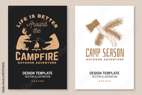 Canvas Print Outdoor camping poster set with moose and bear roasting marshmallow at campfire