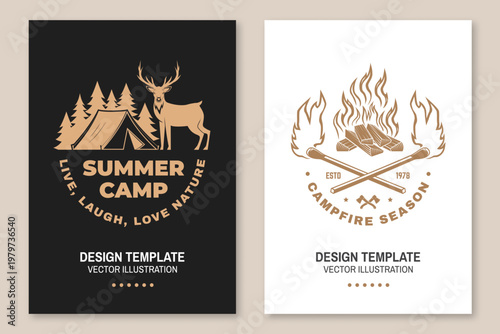 Outdoor camping poster set with tent and deer summer camp scene and campfire with crossed matches vector illustration black and white typography design templates for print t shirt sticker isolated
